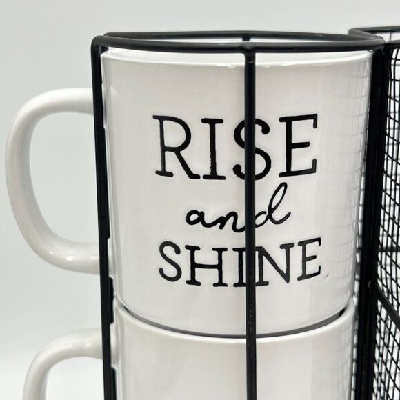 Boston Warehouse Coffee Mug & Black Wire Pod Holder 5 Piece Set 4 Stacking Mugs - Picture 2 of 16